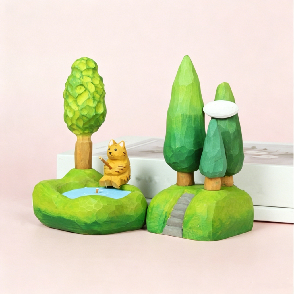 Linden Wood Hand-Carved Tree Figurine, Cute Forest Scene Miniature Decor, Calming Desk Ornament for Home, Office & Fairy Gardens