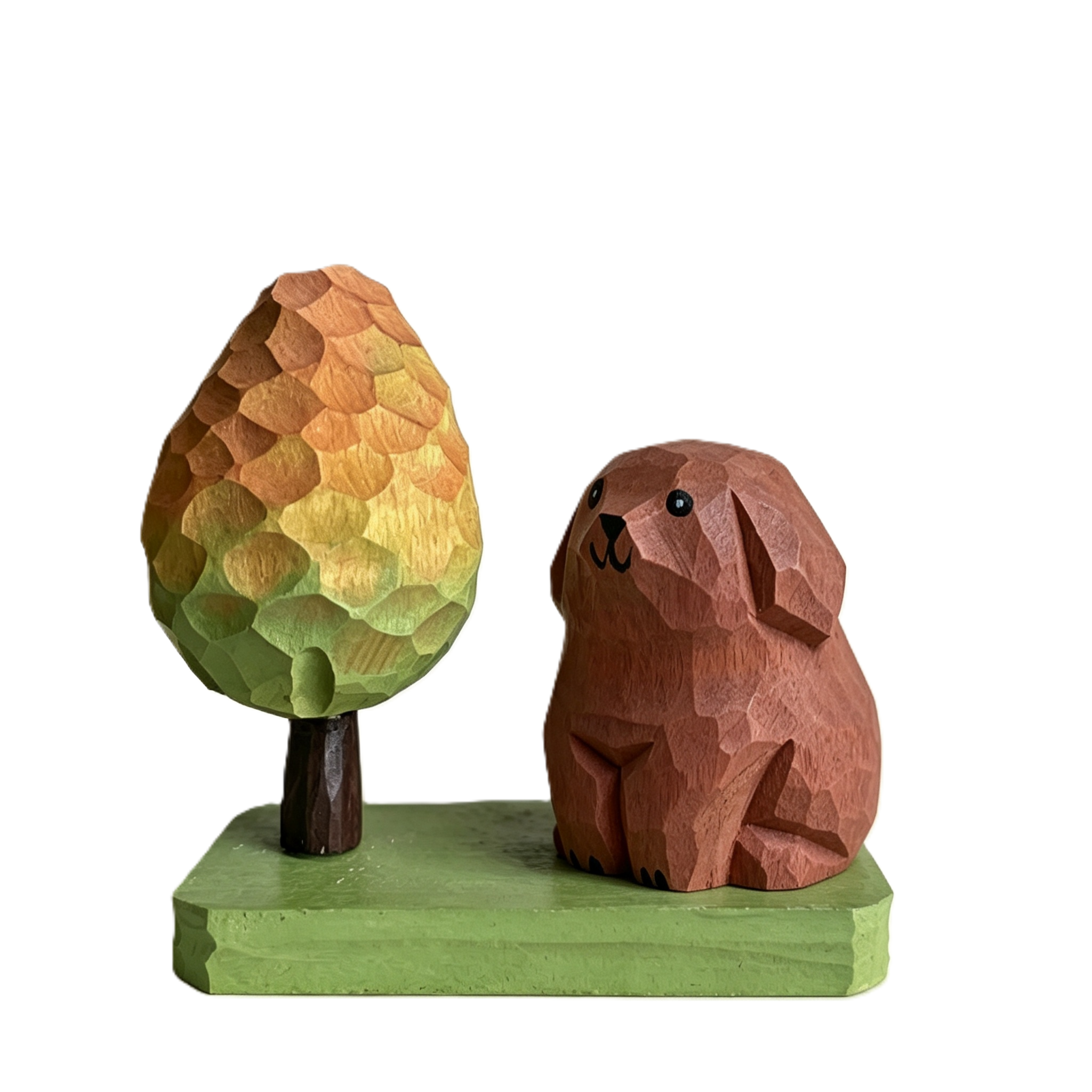 Hand-Carved Wooden Tree Ornament, Compatible with Cottage & Cute Wood-Carved Animals, Desktop Decoration, Whimsical Wood Carving Home Decor, Unique Gift for Desk & Shelf