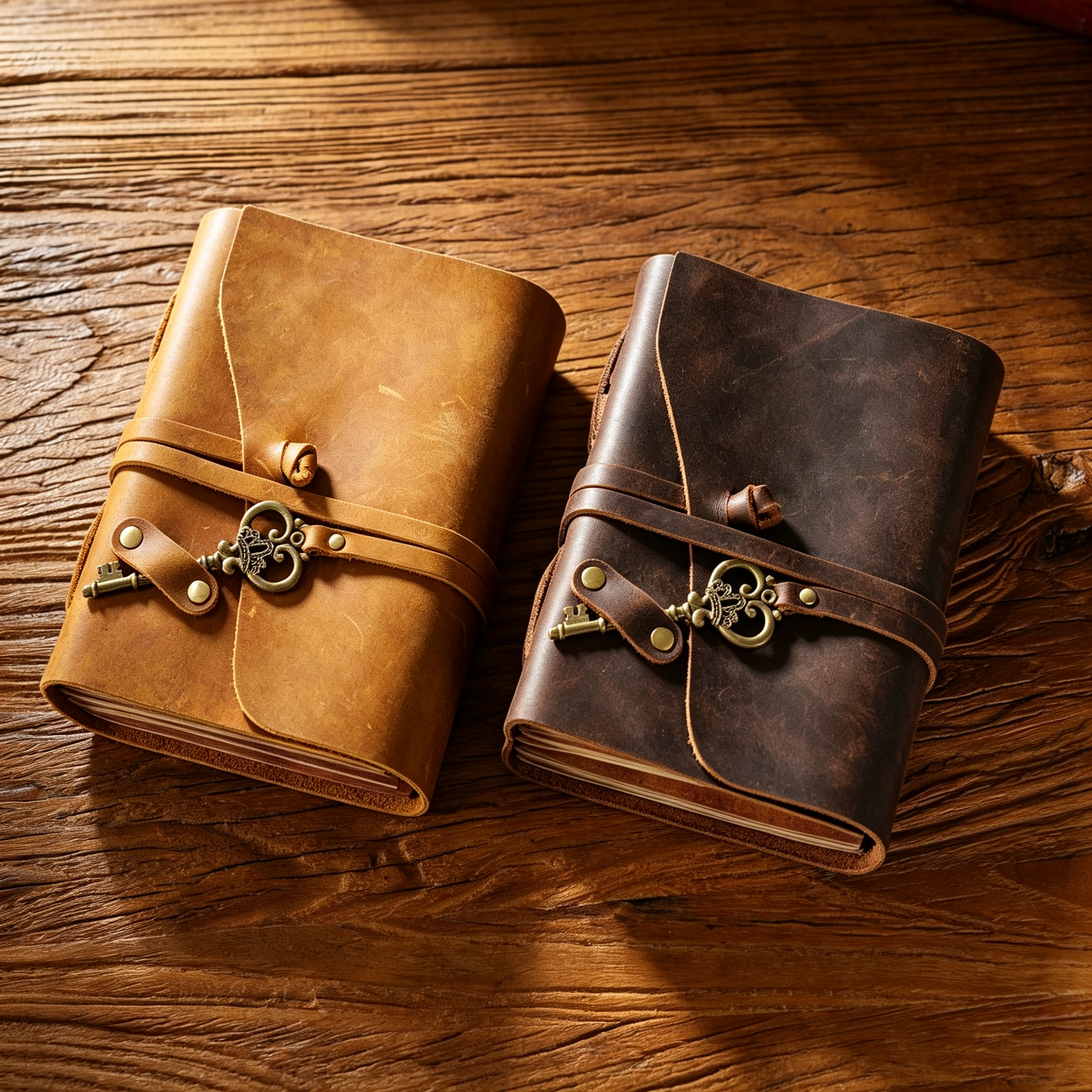 Handmade Crazy Horse Leather Travel Journal, Full Grain Cowhide Notebook with Leather Strap & Decorative Metal Key