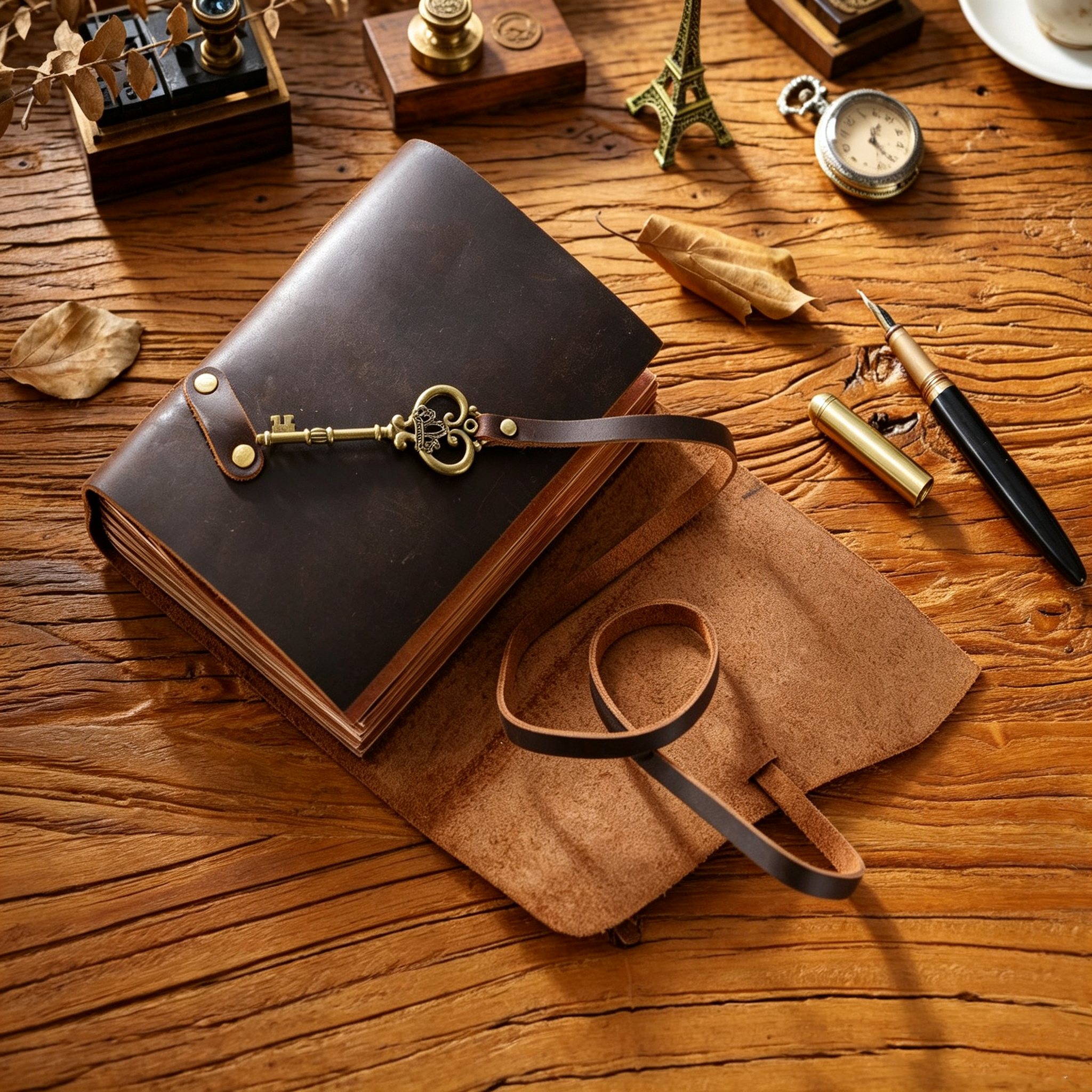 Handmade Crazy Horse Leather Travel Journal, Full Grain Cowhide Notebook with Leather Strap & Decorative Metal Key