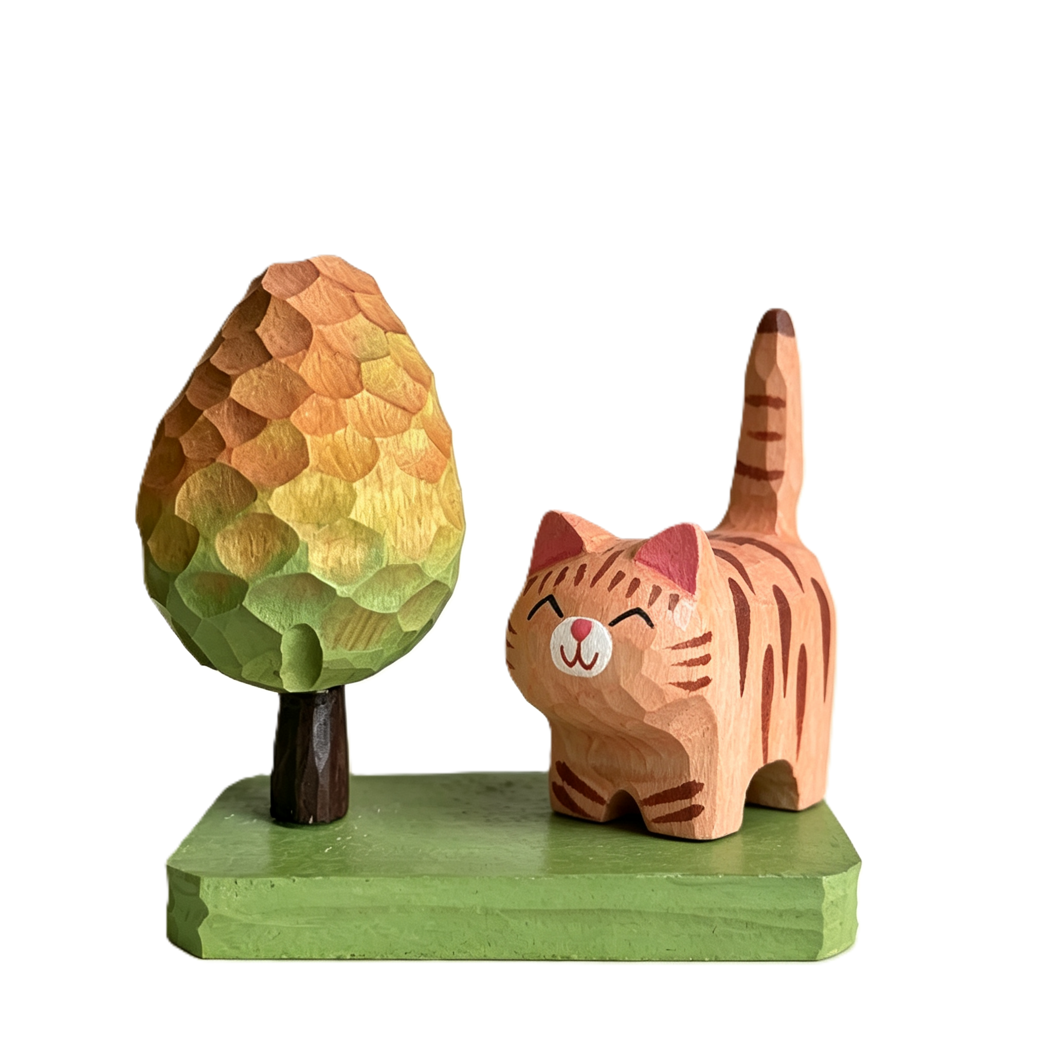 Hand-Carved Wooden Tree Ornament, Compatible with Cottage & Cute Wood-Carved Animals, Desktop Decoration, Whimsical Wood Carving Home Decor, Unique Gift for Desk & Shelf