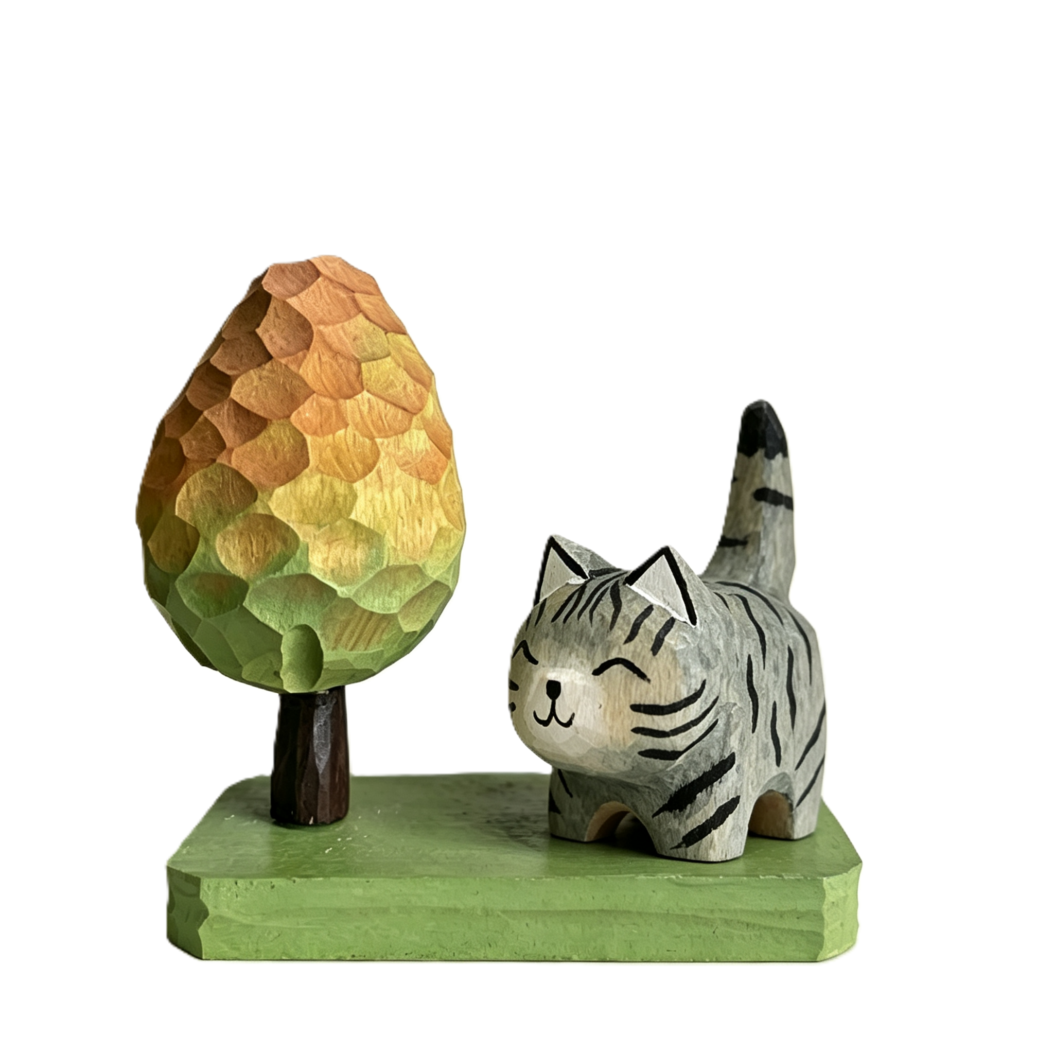 Hand-Carved Wooden Tree Ornament, Compatible with Cottage & Cute Wood-Carved Animals, Desktop Decoration, Whimsical Wood Carving Home Decor, Unique Gift for Desk & Shelf