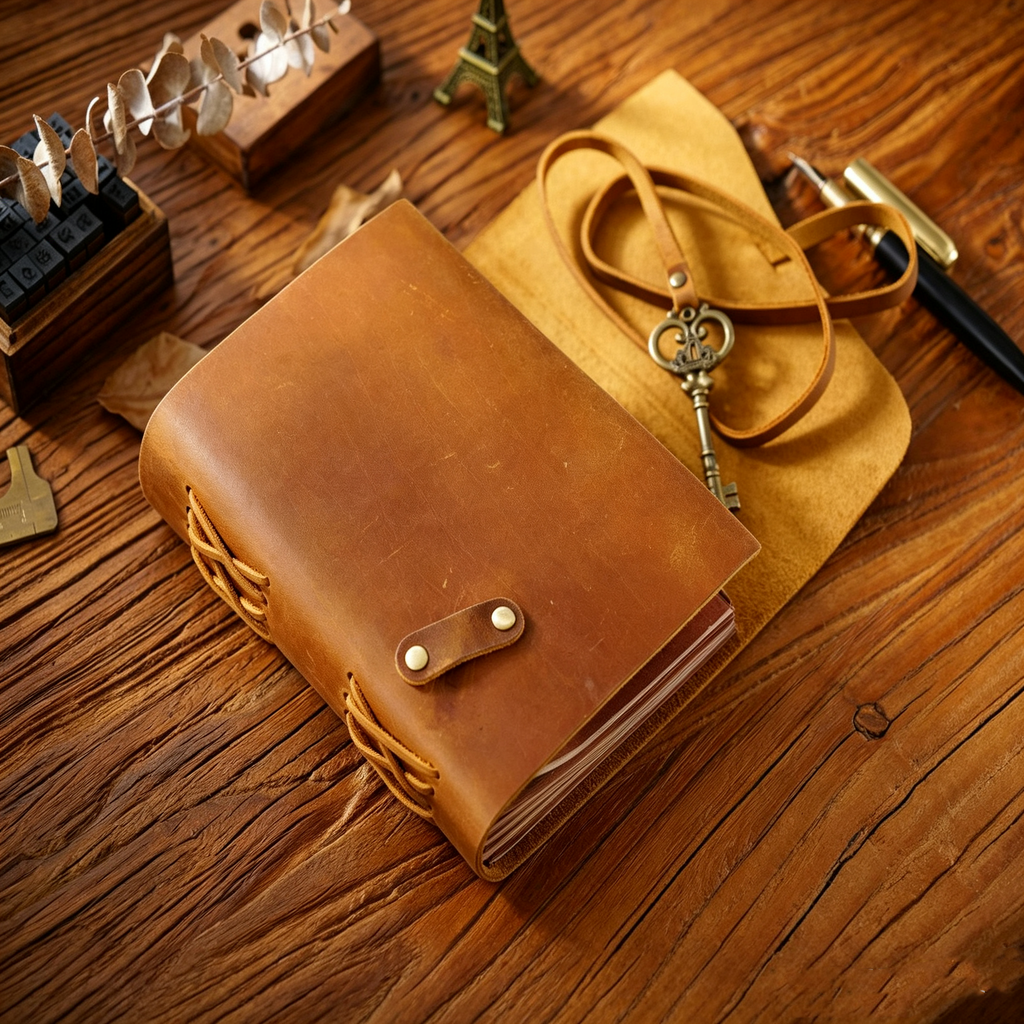Handmade Crazy Horse Leather Travel Journal, Full Grain Cowhide Notebook with Leather Strap & Decorative Metal Key