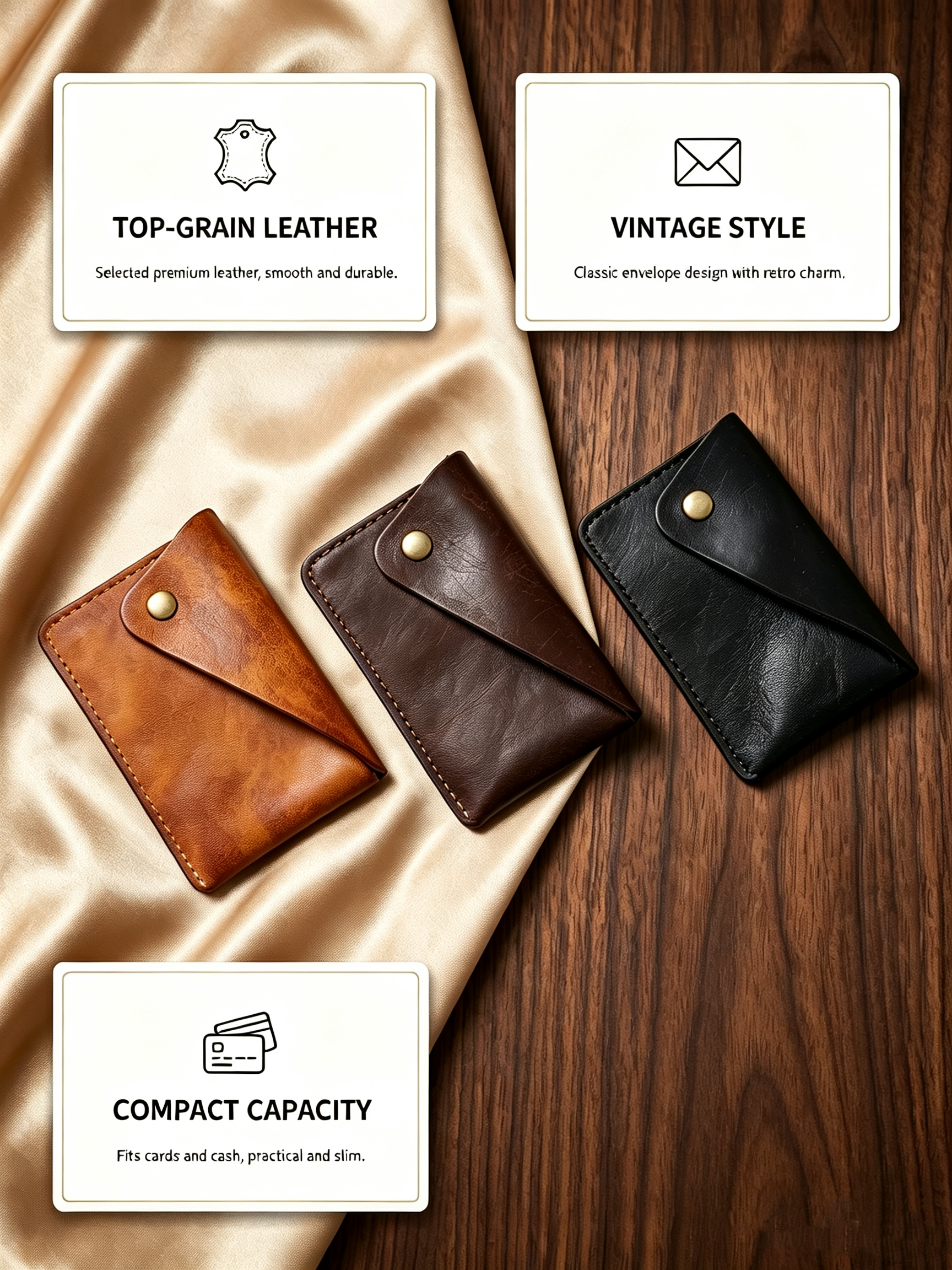 Handmade Full Grain Leather Card Wallet, Envelope Style Snap Button Coin Purse, Minimalist Vintage Leather Card Holder