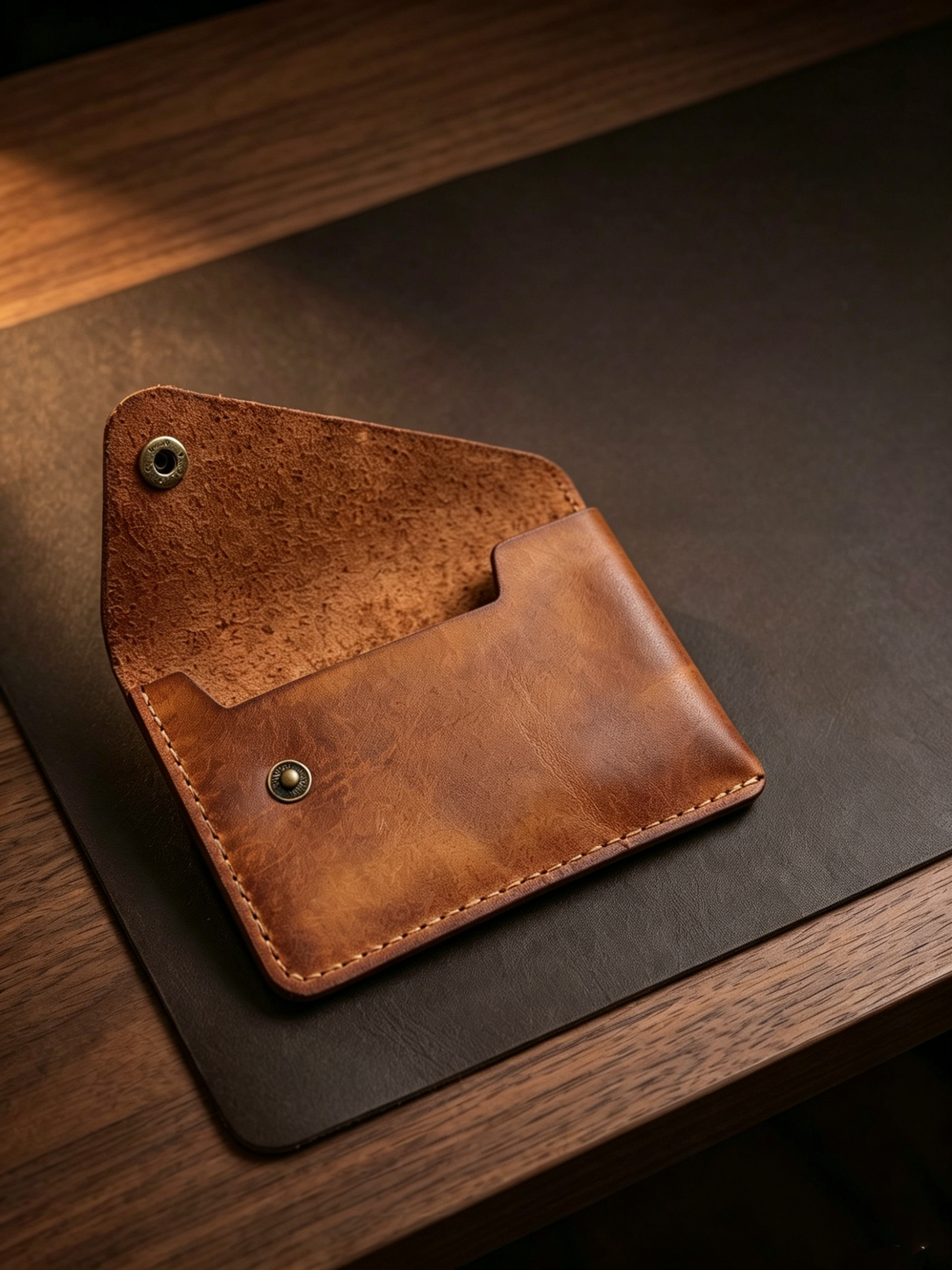 Handmade Full Grain Leather Card Wallet, Envelope Style Snap Button Coin Purse, Minimalist Vintage Leather Card Holder