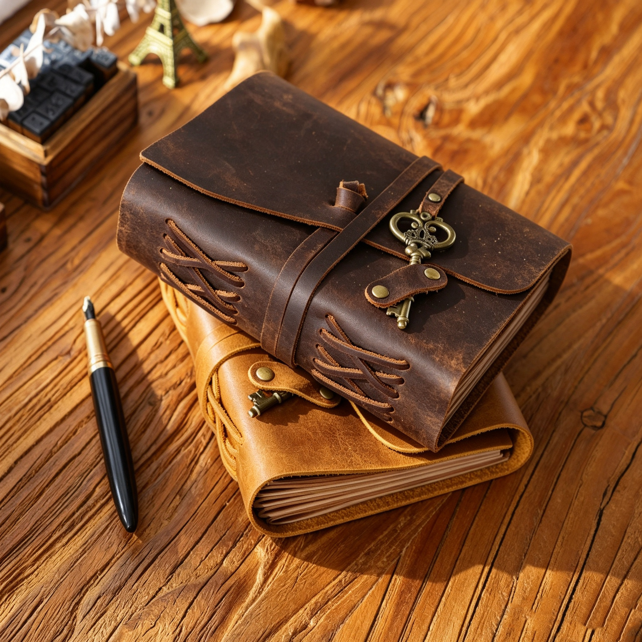 Handmade Crazy Horse Leather Travel Journal, Full Grain Cowhide Notebook with Leather Strap & Decorative Metal Key