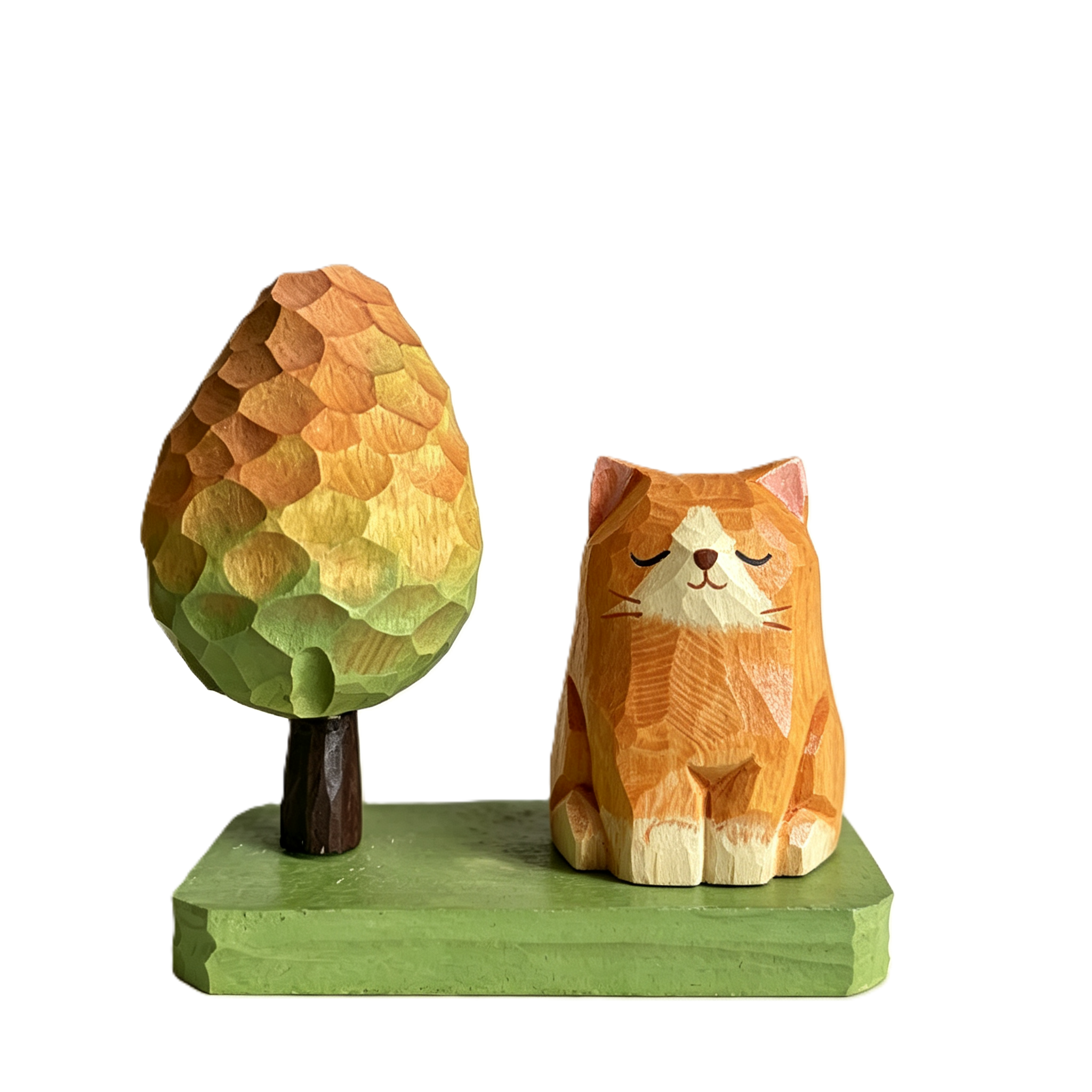 Hand-Carved Wooden Tree Ornament, Compatible with Cottage & Cute Wood-Carved Animals, Desktop Decoration, Whimsical Wood Carving Home Decor, Unique Gift for Desk & Shelf