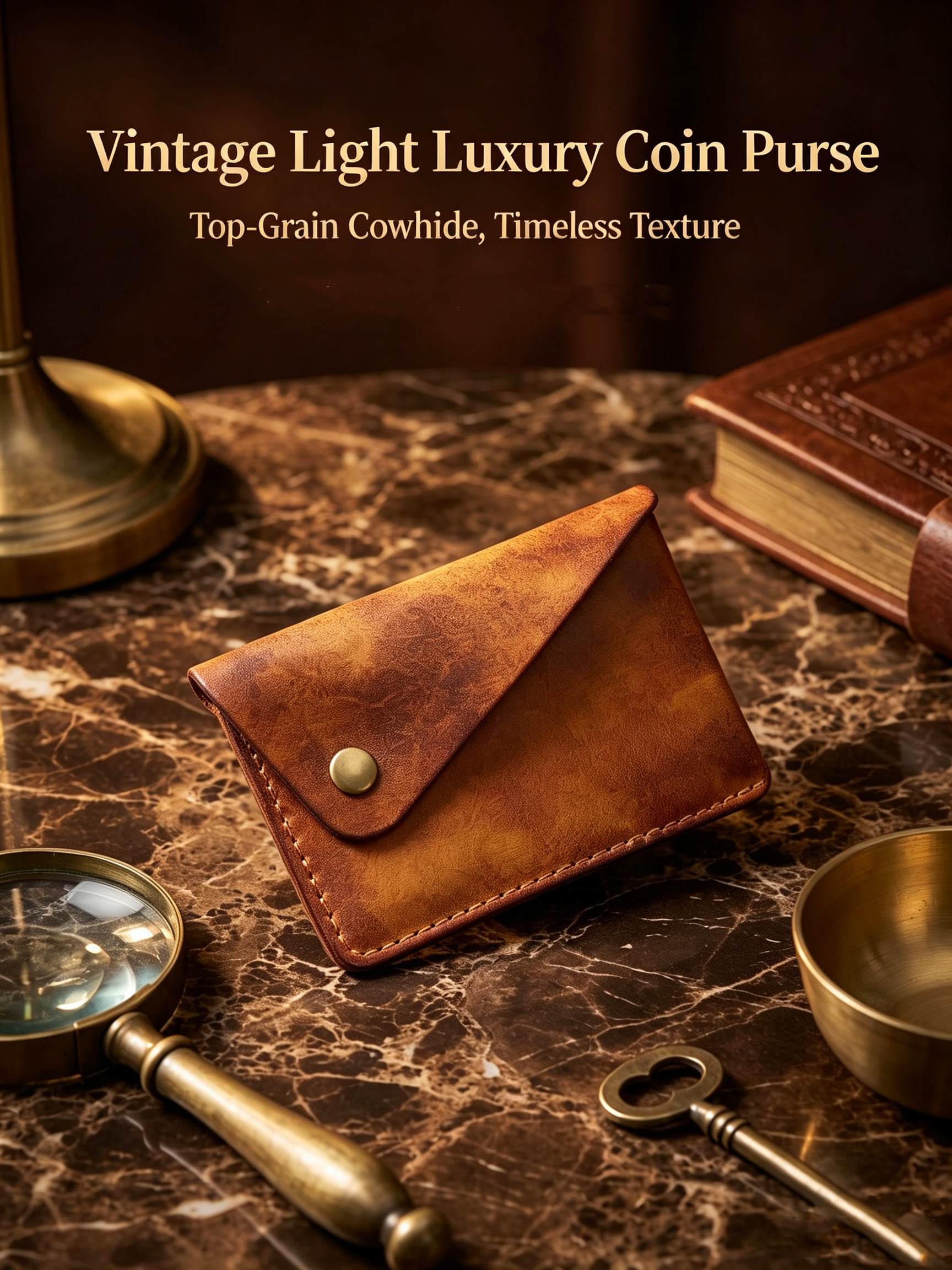 Handmade Full Grain Leather Card Wallet, Envelope Style Snap Button Coin Purse, Minimalist Vintage Leather Card Holder