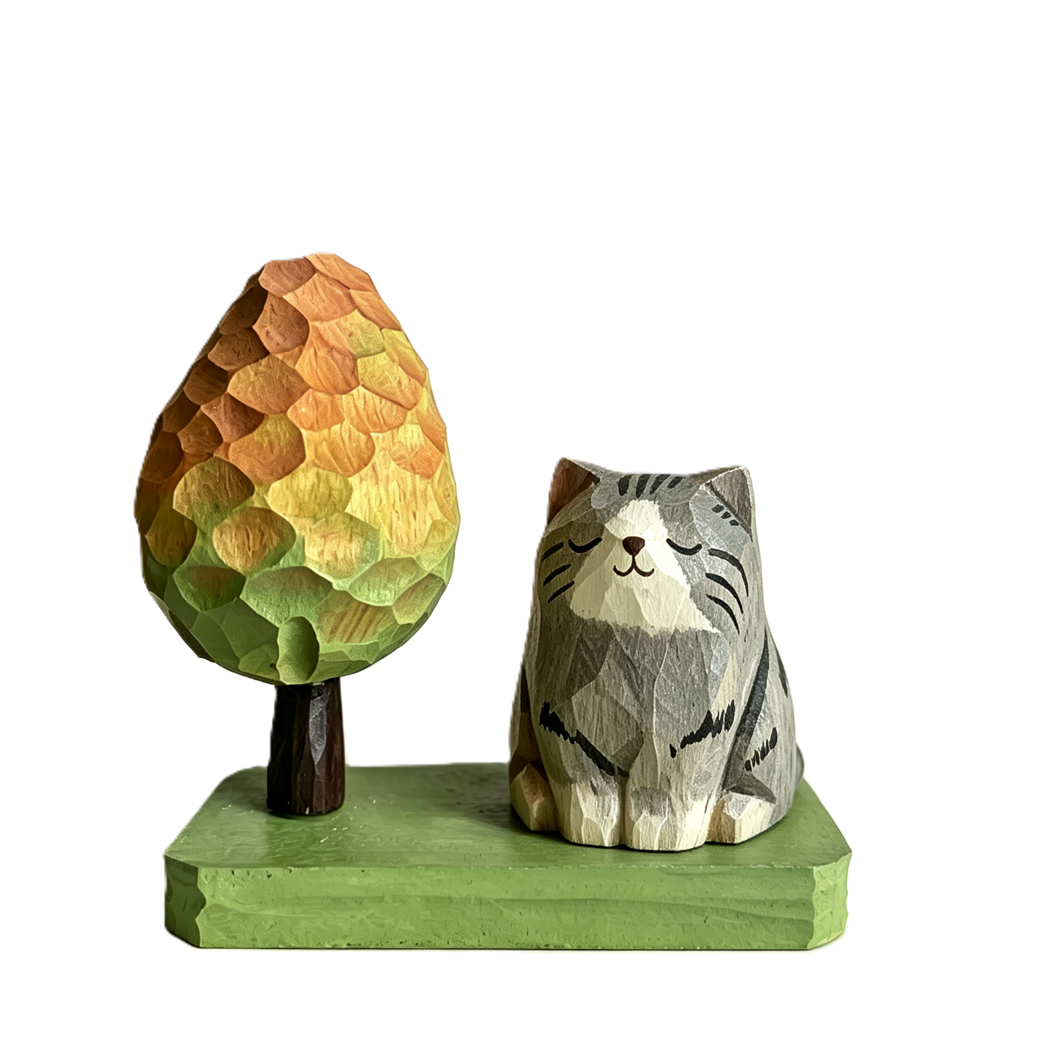 Hand-Carved Wooden Tree Ornament, Compatible with Cottage & Cute Wood-Carved Animals, Desktop Decoration, Whimsical Wood Carving Home Decor, Unique Gift for Desk & Shelf
