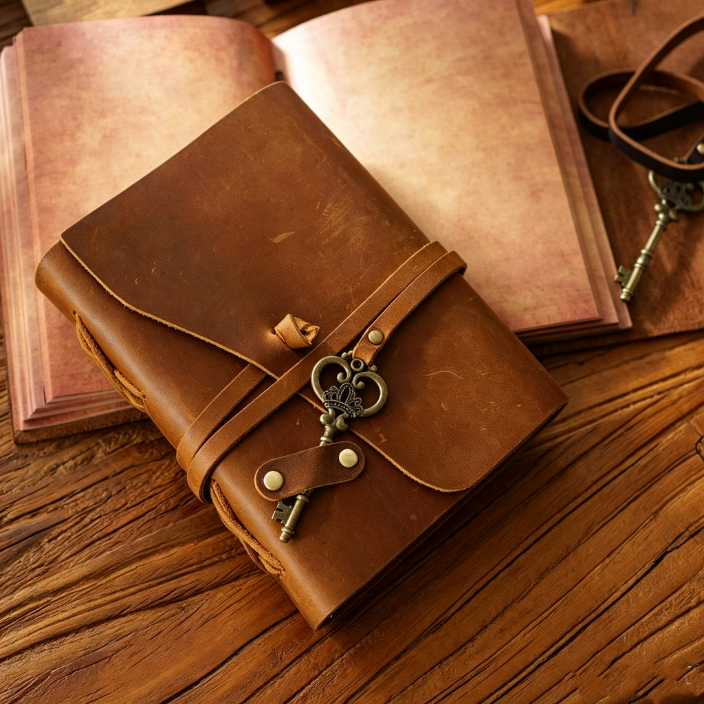 Handmade Crazy Horse Leather Travel Journal, Full Grain Cowhide Notebook with Leather Strap & Decorative Metal Key
