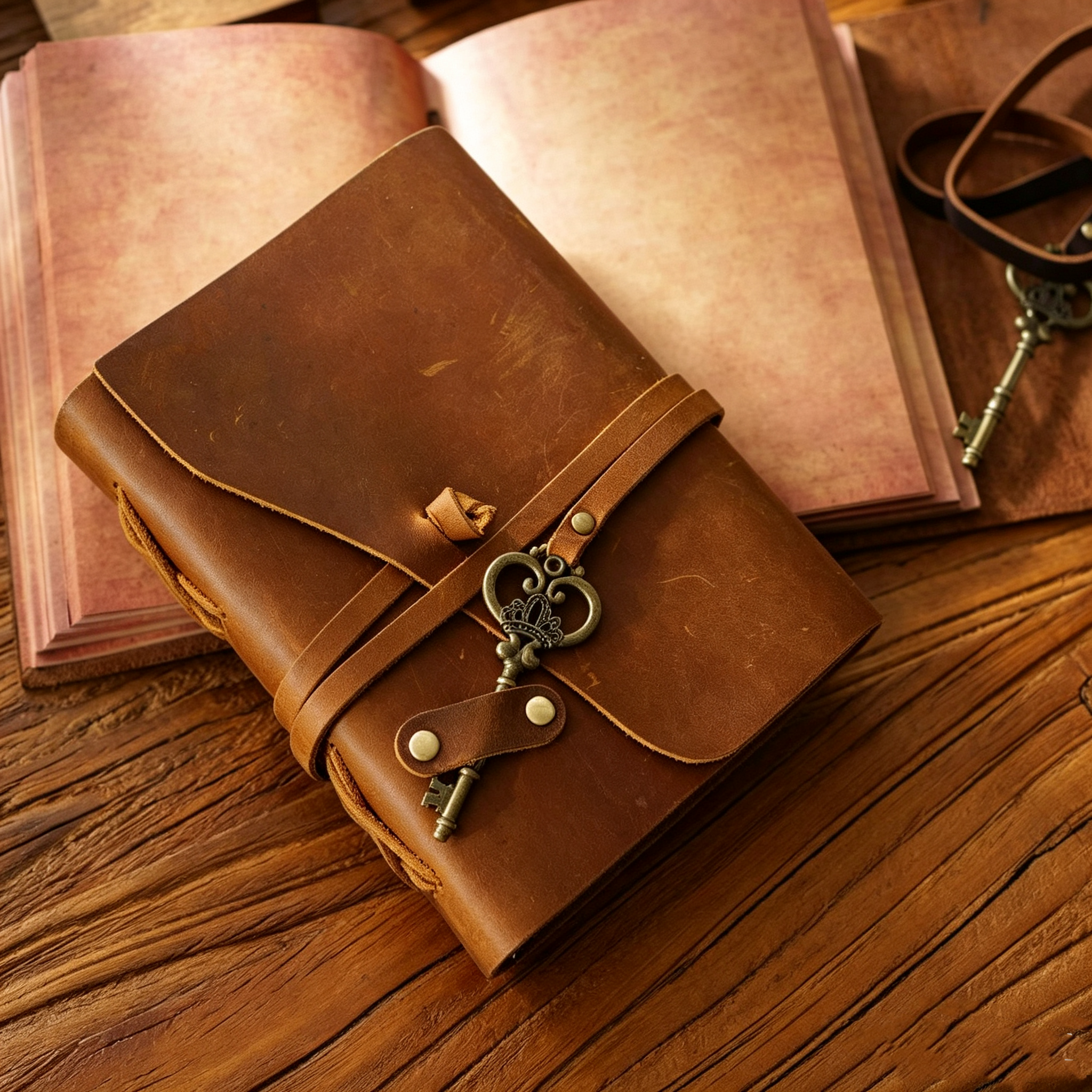 Handmade Crazy Horse Leather Travel Journal, Full Grain Cowhide Notebook with Leather Strap & Decorative Metal Key
