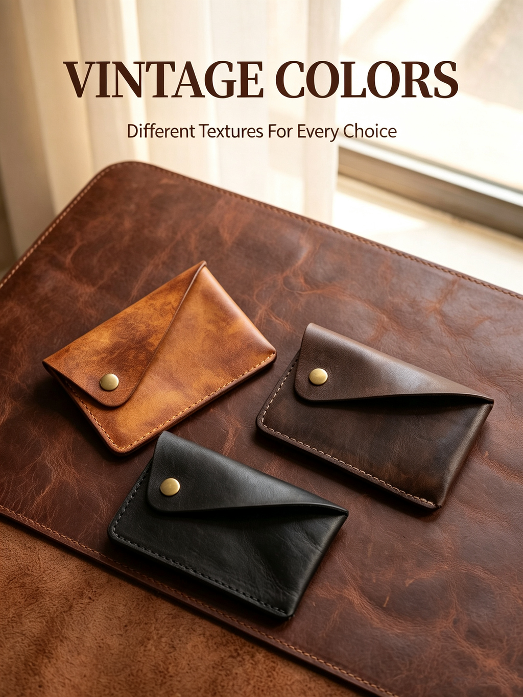 Handmade Full Grain Leather Card Wallet, Envelope Style Snap Button Coin Purse, Minimalist Vintage Leather Card Holder