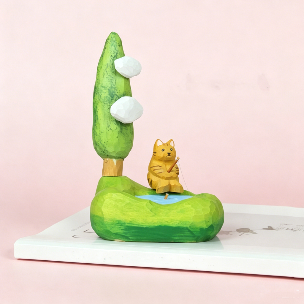 Linden Wood Hand-Carved Tree Figurine, Cute Forest Scene Miniature Decor, Calming Desk Ornament for Home, Office & Fairy Gardens
