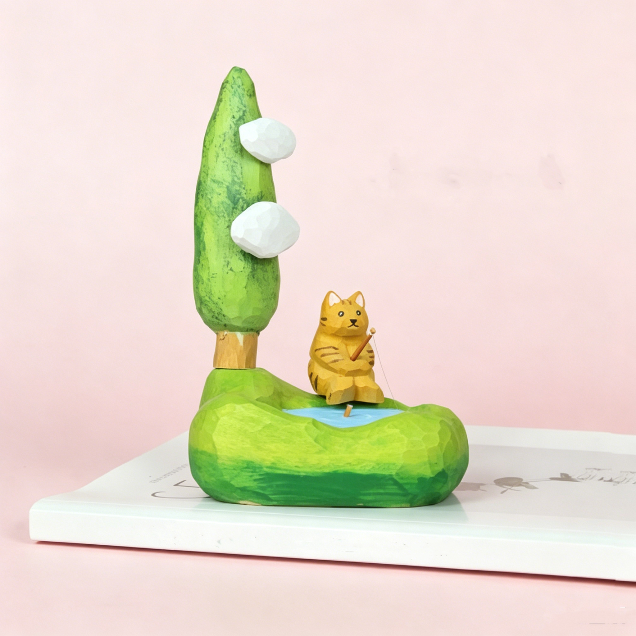 Linden Wood Hand-Carved Tree Figurine, Cute Forest Scene Miniature Decor, Calming Desk Ornament for Home, Office & Fairy Gardens