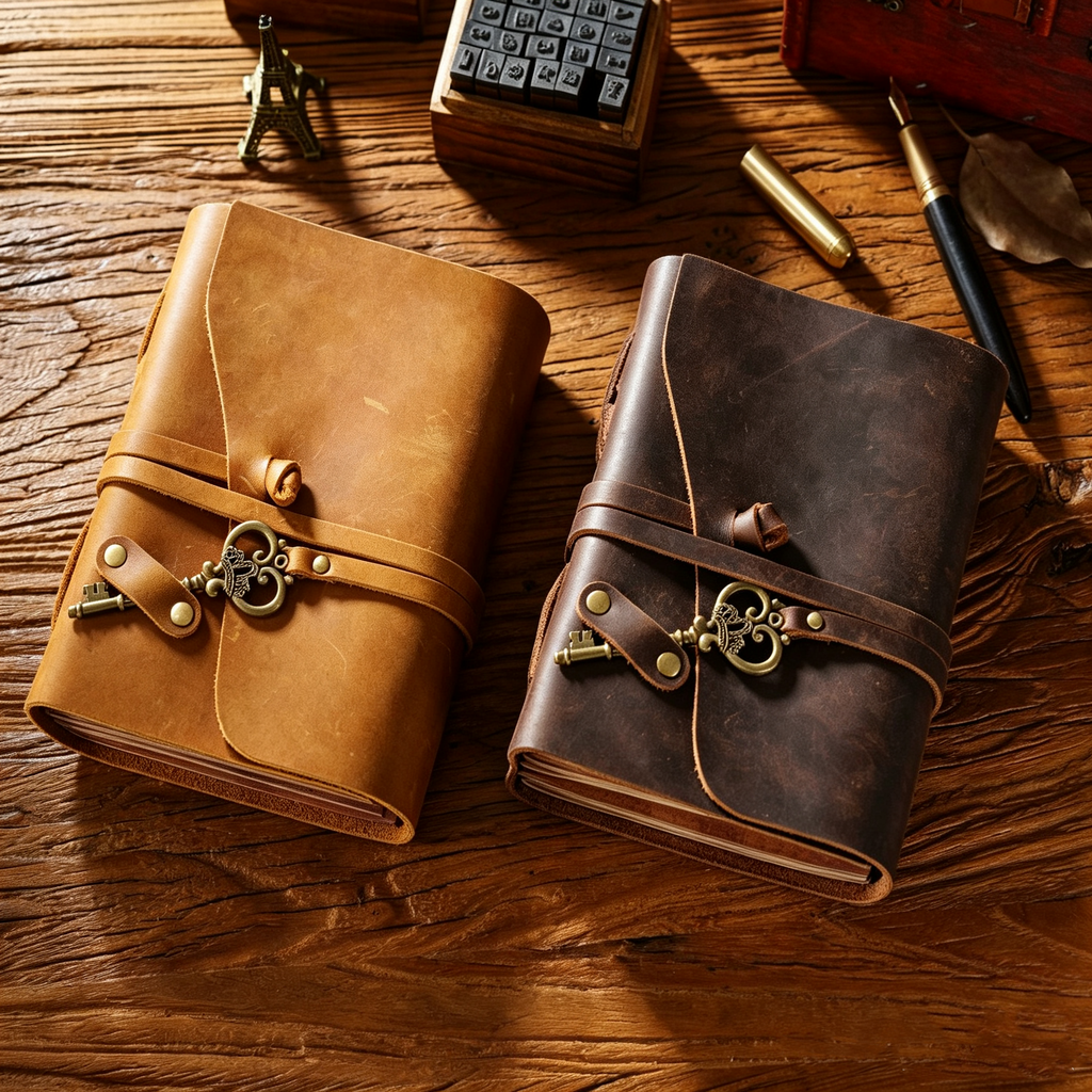 Handmade Crazy Horse Leather Travel Journal, Full Grain Cowhide Notebook with Leather Strap & Decorative Metal Key