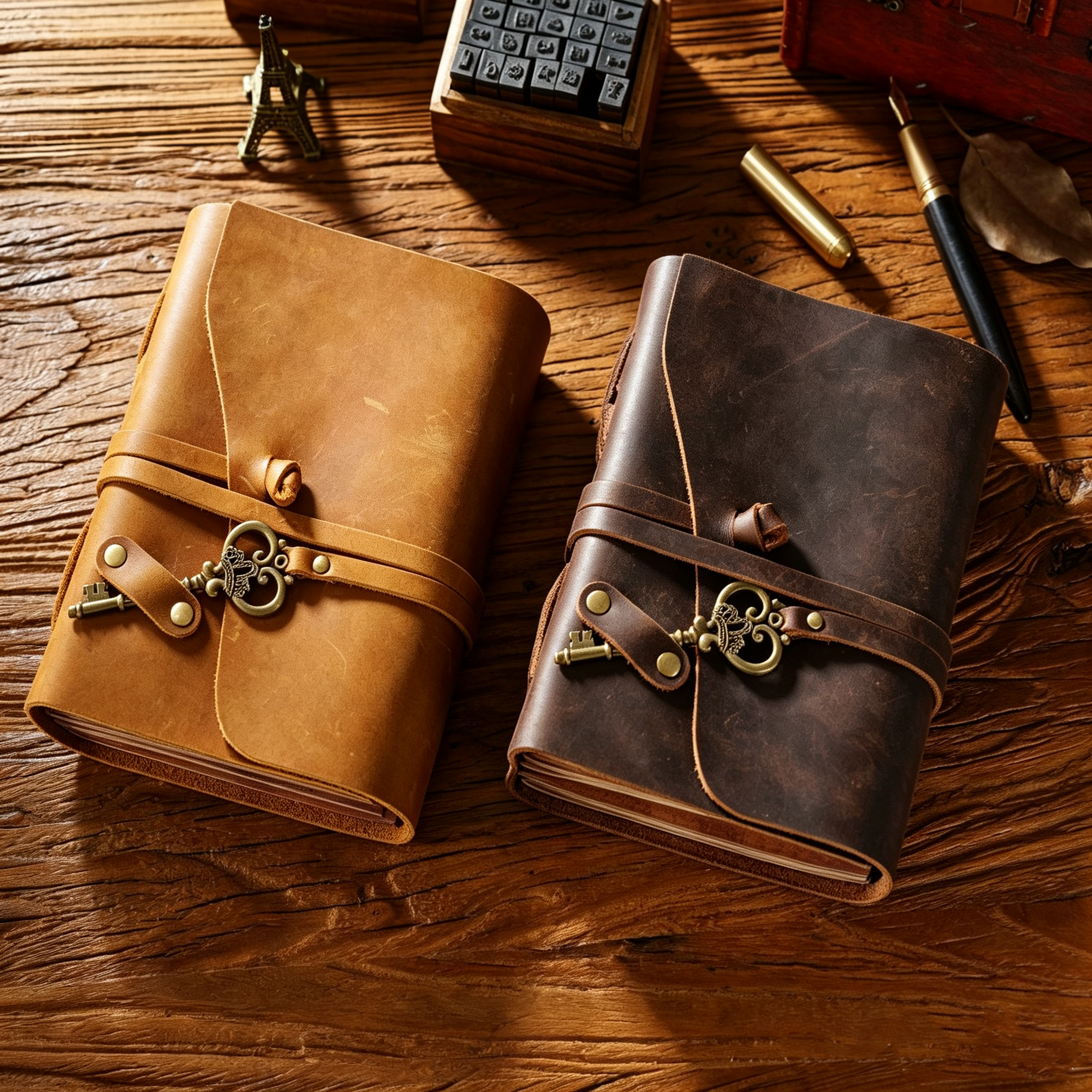 Handmade Crazy Horse Leather Travel Journal, Full Grain Cowhide Notebook with Leather Strap & Decorative Metal Key