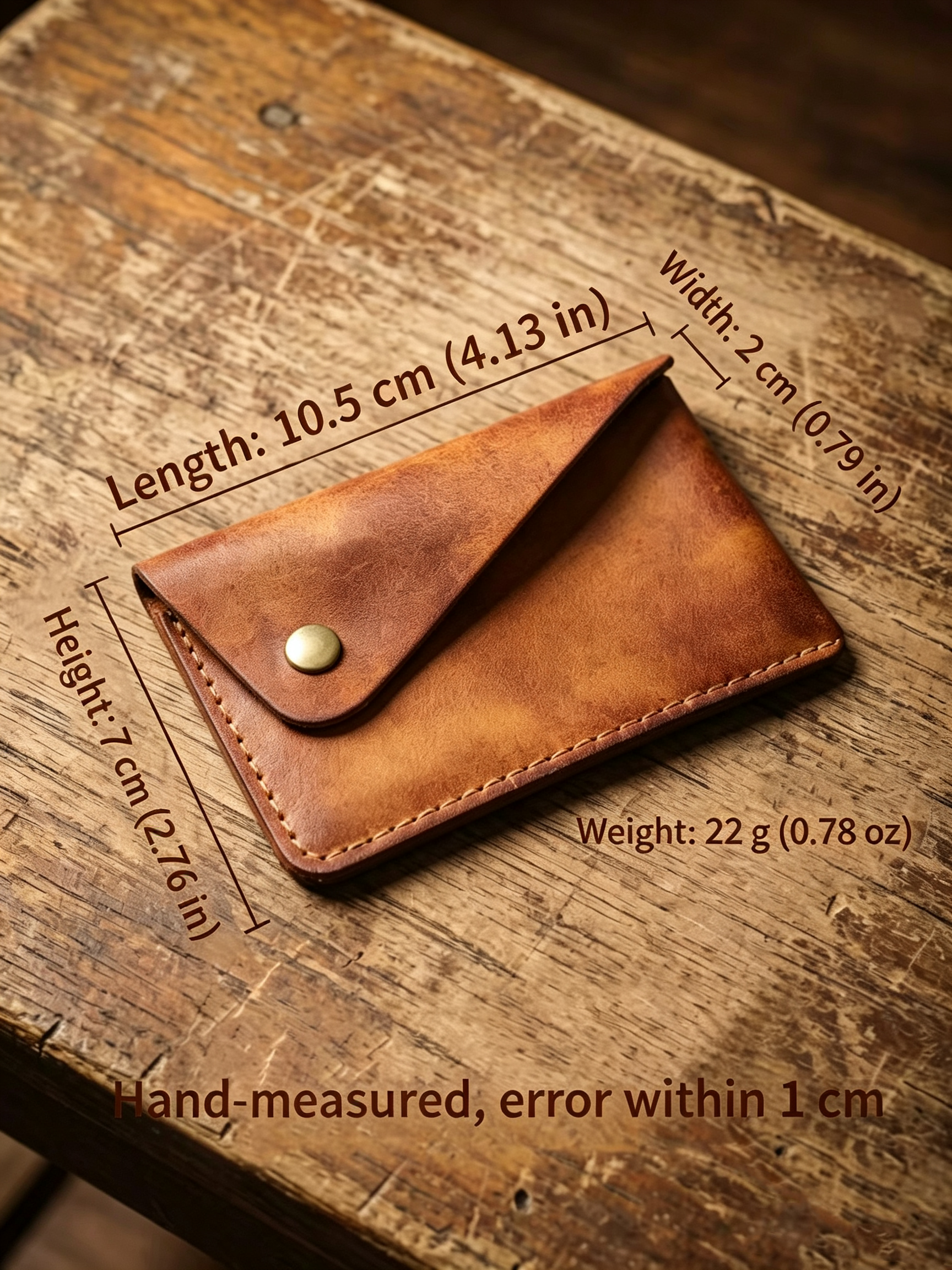Handmade Full Grain Leather Card Wallet, Envelope Style Snap Button Coin Purse, Minimalist Vintage Leather Card Holder