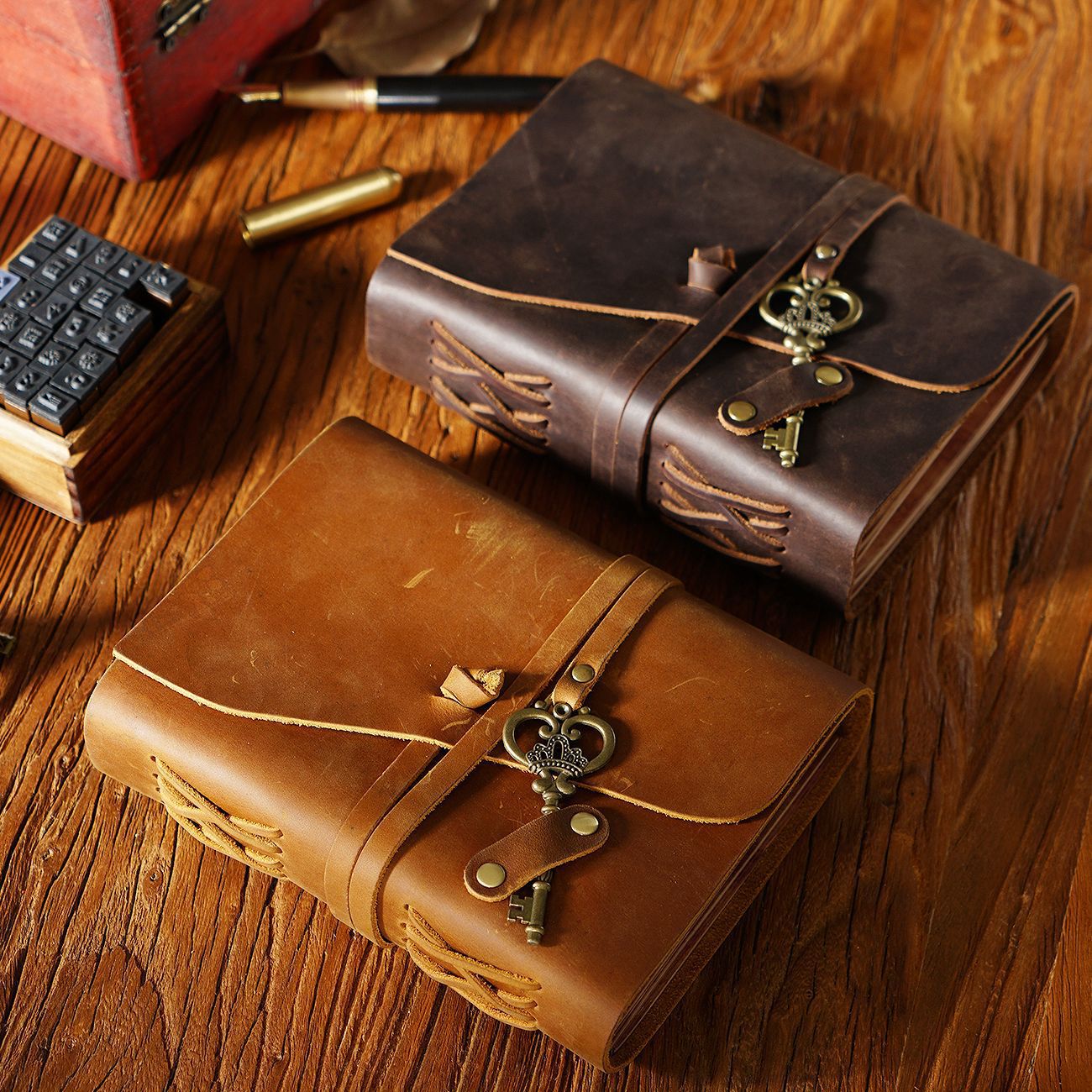 Handmade Crazy Horse Leather Travel Journal, Full Grain Cowhide Notebook with Leather Strap & Decorative Metal Key
