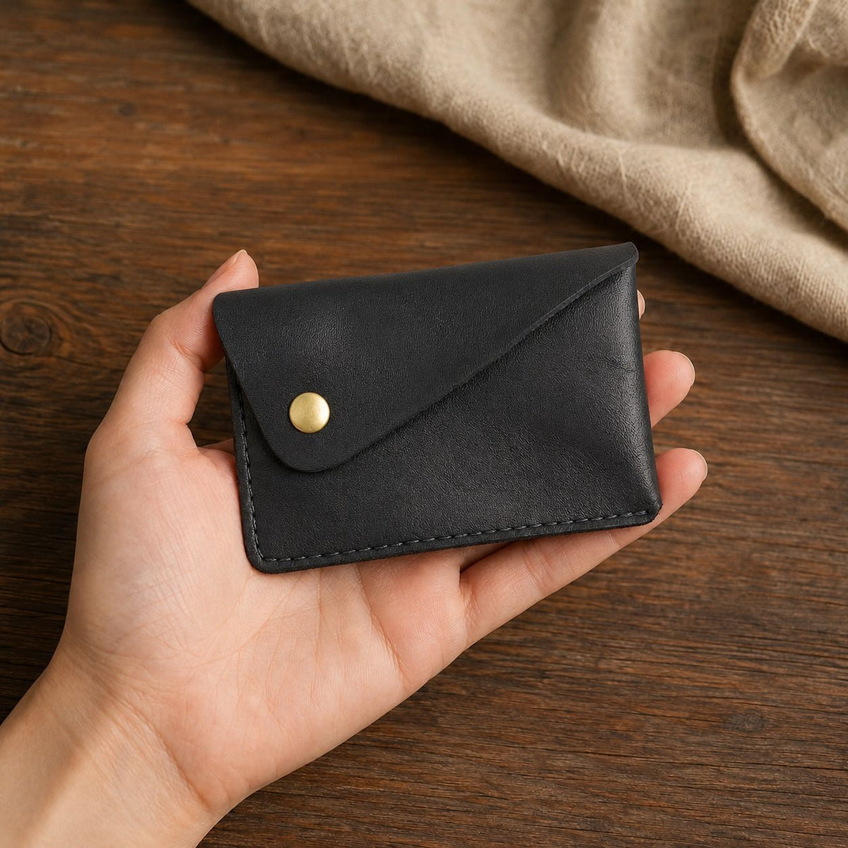 Handmade Full Grain Leather Card Wallet, Envelope Style Snap Button Coin Purse, Minimalist Vintage Leather Card Holder