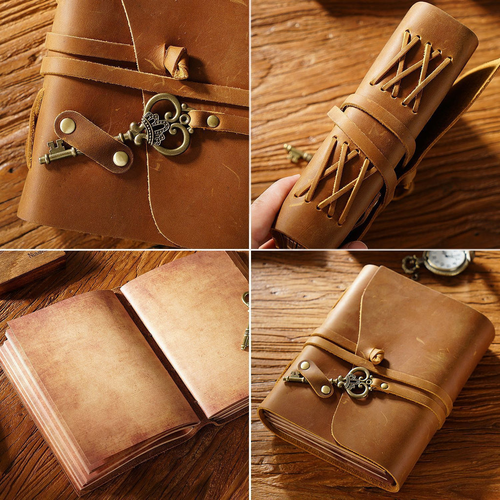 Handmade Crazy Horse Leather Travel Journal, Full Grain Cowhide Notebook with Leather Strap & Decorative Metal Key
