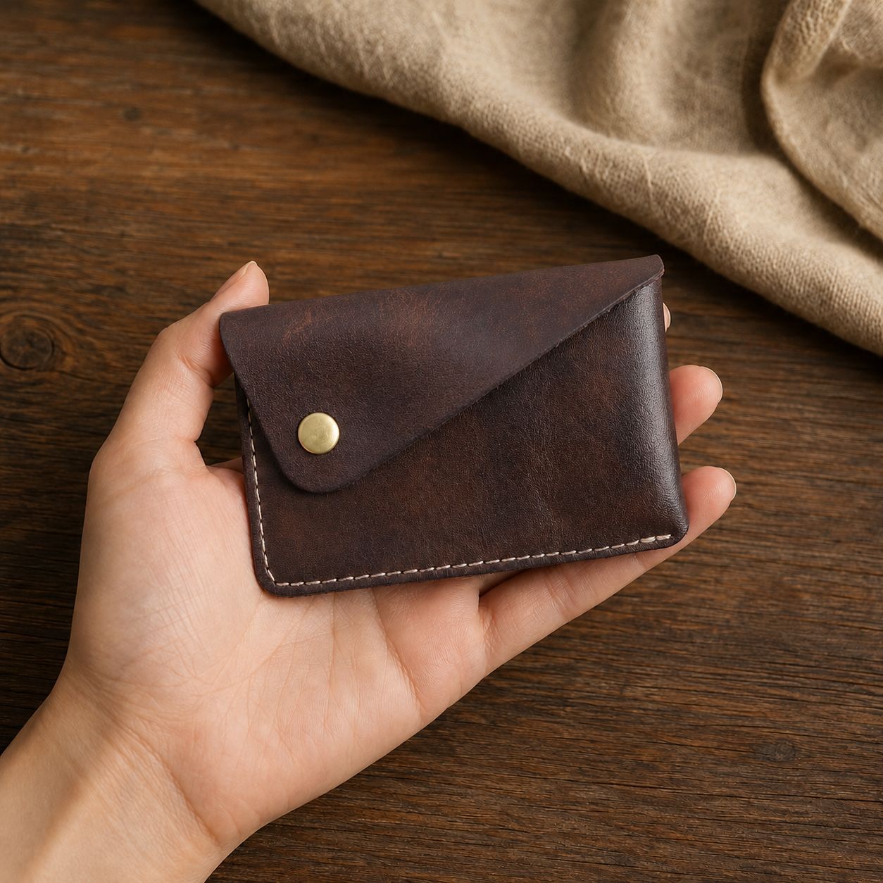 Handmade Full Grain Leather Card Wallet, Envelope Style Snap Button Coin Purse, Minimalist Vintage Leather Card Holder