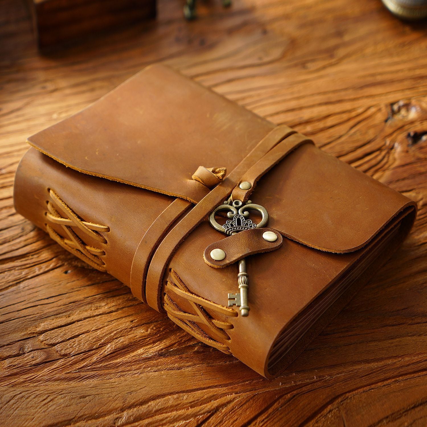 Handmade Crazy Horse Leather Travel Journal, Full Grain Cowhide Notebook with Leather Strap & Decorative Metal Key