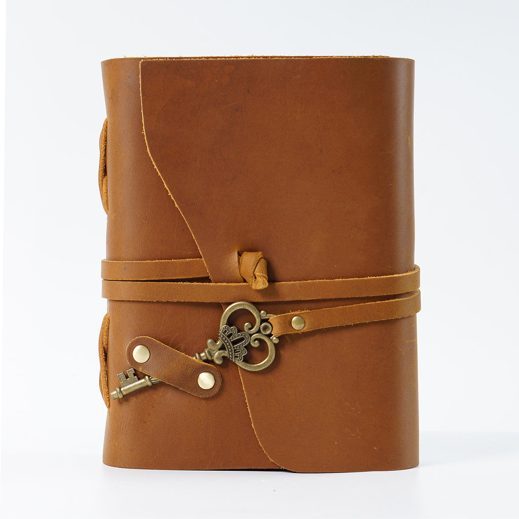 Handmade Crazy Horse Leather Travel Journal, Full Grain Cowhide Notebook with Leather Strap & Decorative Metal Key
