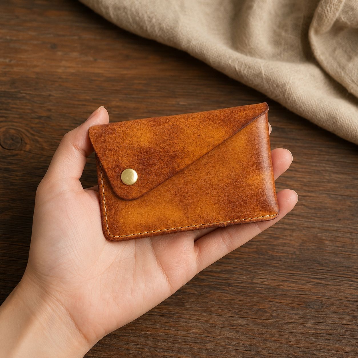 Handmade Full Grain Leather Card Wallet, Envelope Style Snap Button Coin Purse, Minimalist Vintage Leather Card Holder