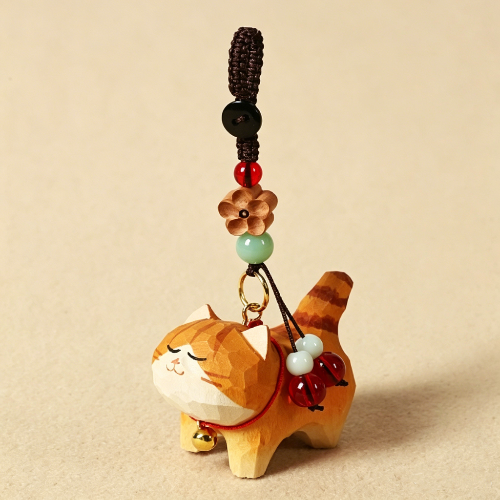 Handmade Carved Wooden Animal Keychain, Peach Blossom Charm for Keys & Bags